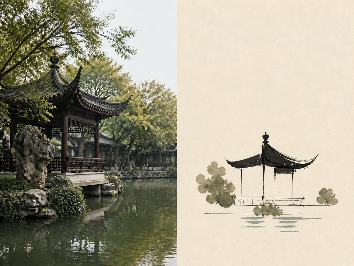 中式庭院水墨观察画:墨线设色