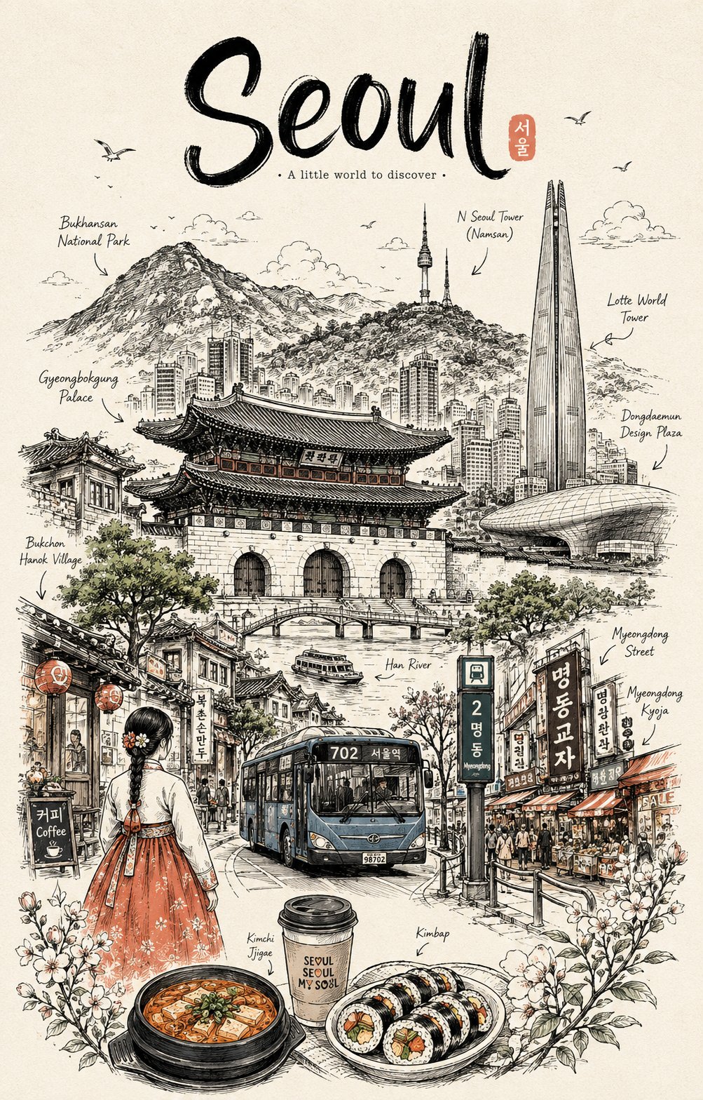 旅行国家手绘海报：单线勾勒的世界地图 - 图 2