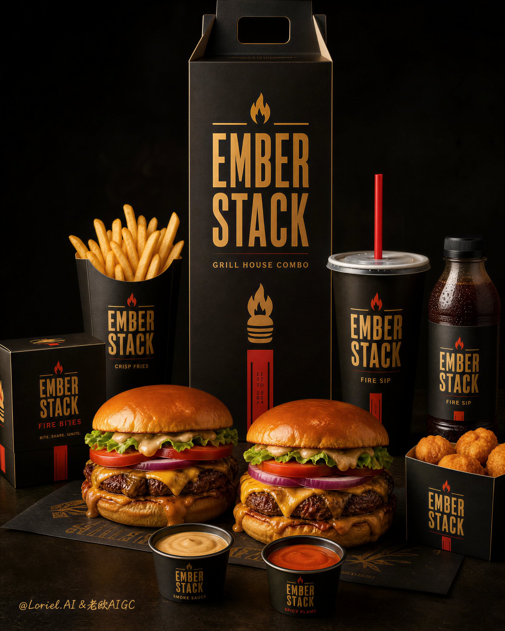EMBER STACK 快餐包装:黑色纪念碑式品牌系统
