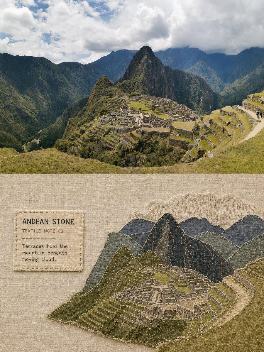 布艺拼贴记忆海报，山和水像从旧衣服里剪出来 - 图 3