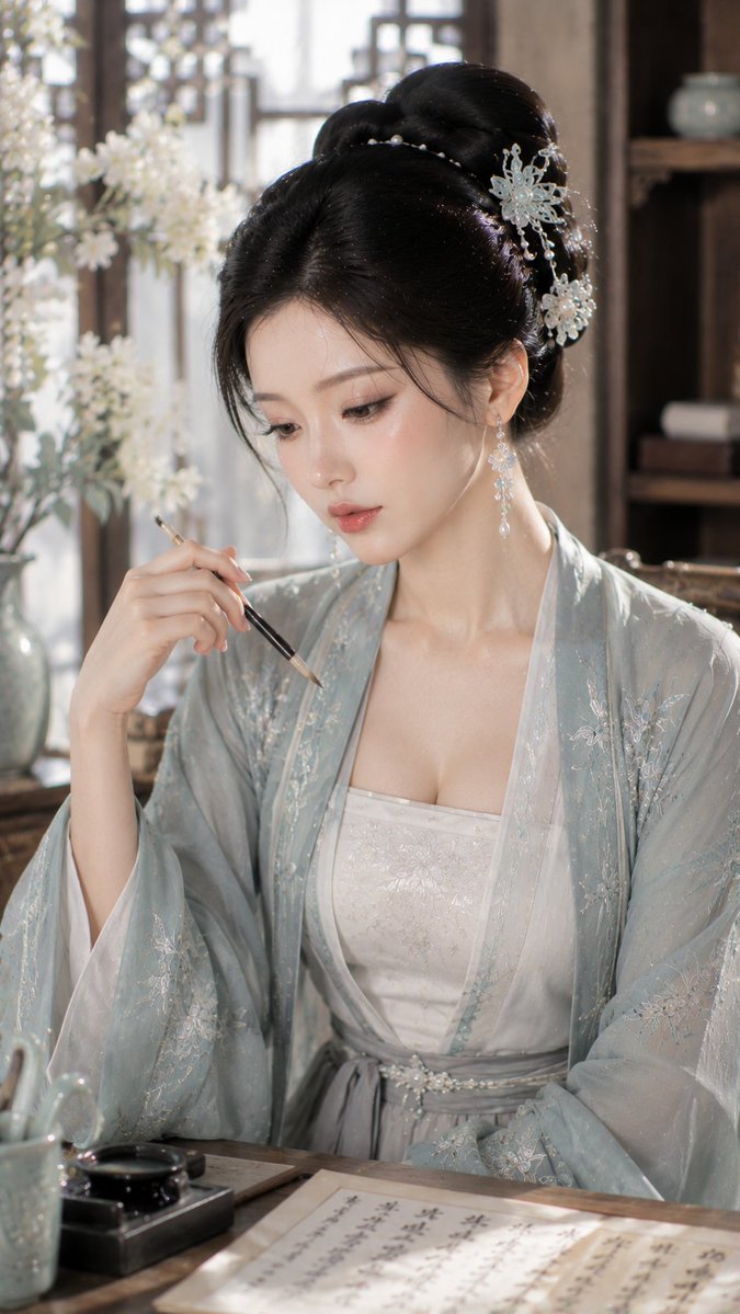 古韵书香:霁青褙子书卷气人像