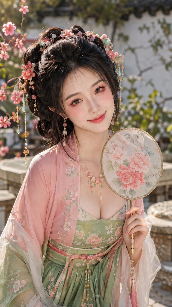 御园春色:古风贵女团扇庭院写真