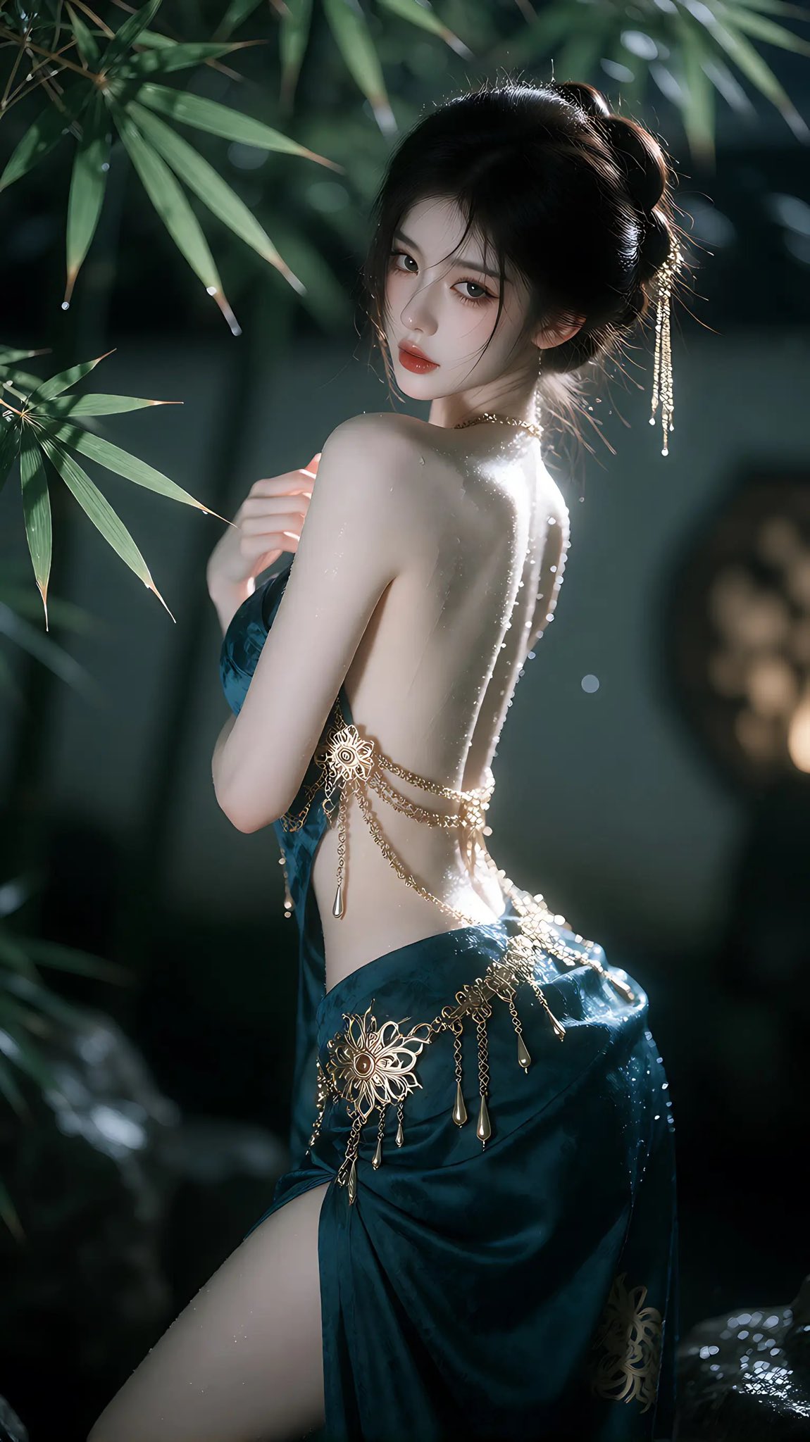 竹林夜雨：丝缎礼服与金饰的古风回眸