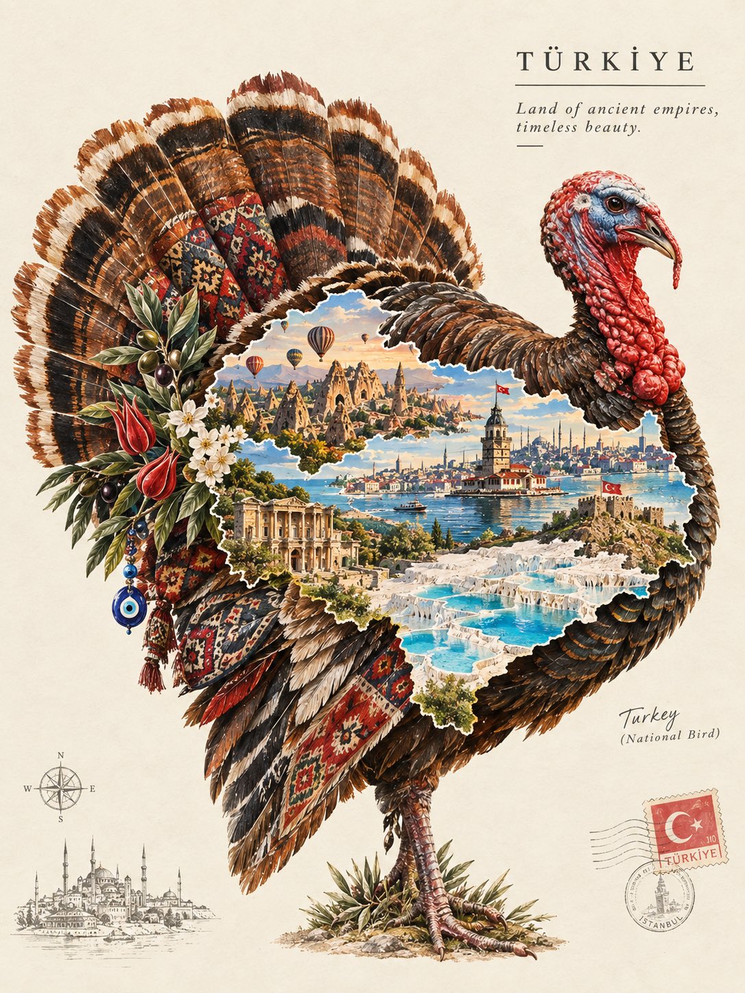 国鸟轮廓插画：地标与羽毛的文化地图
