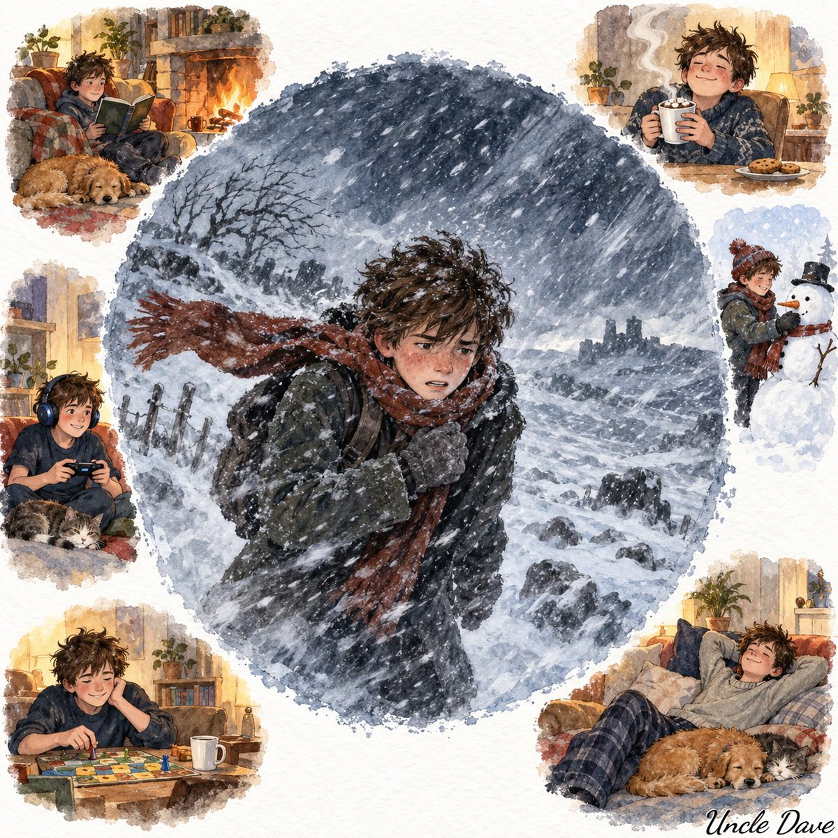 暴风雪男孩：水彩圆框故事书vignette