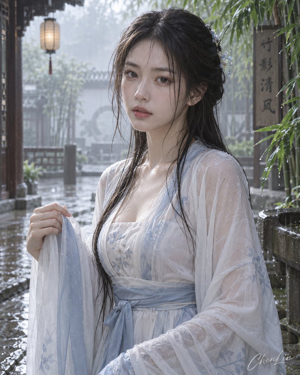雨落江南:竹影清风中的湿衣古装人像