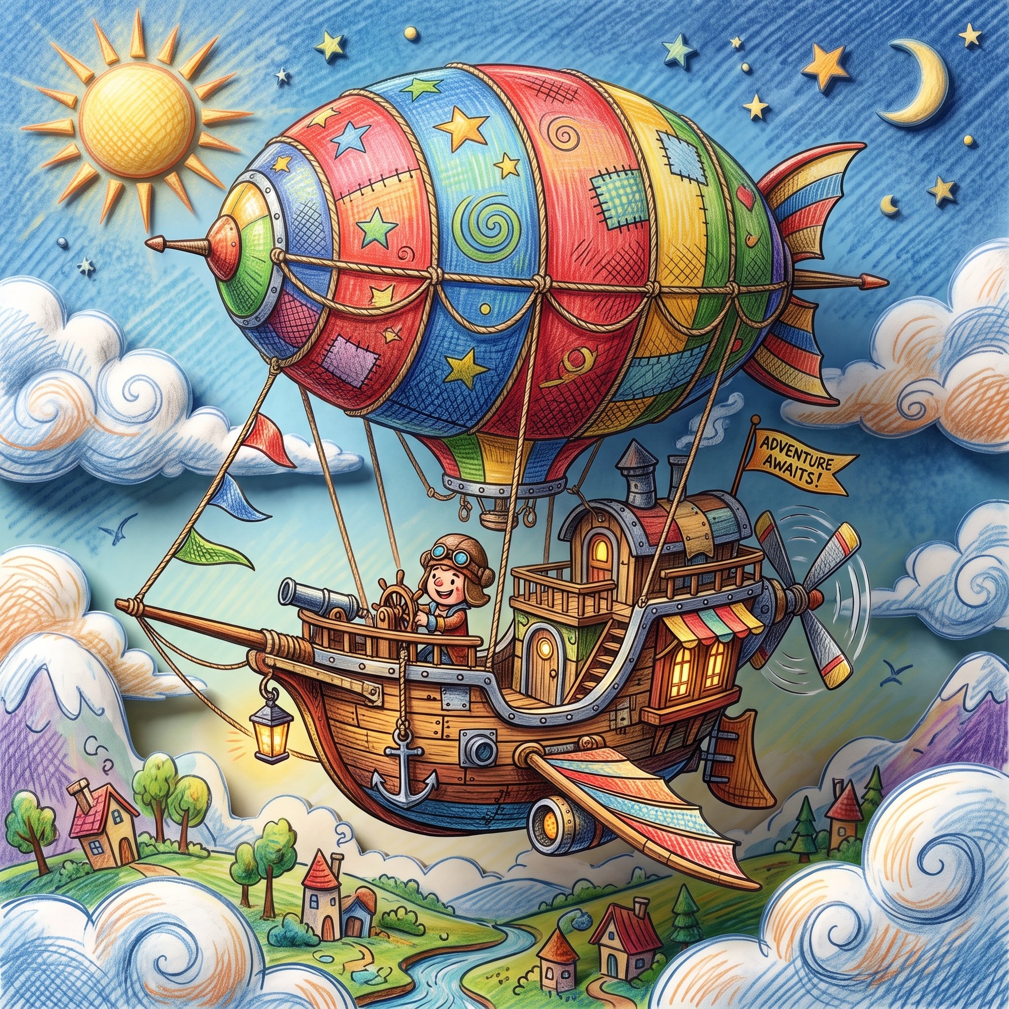 手绘插画质感3D飞艇：交叉线描的 whimsical 风格