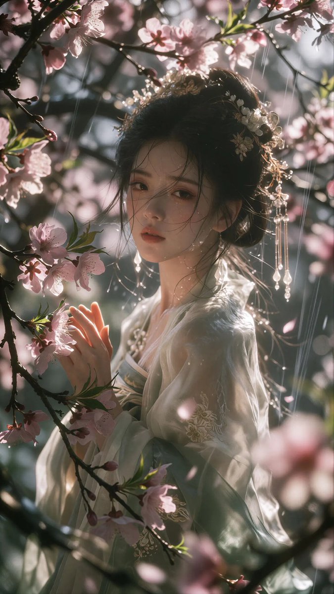 春雨桃花林中的古风少女