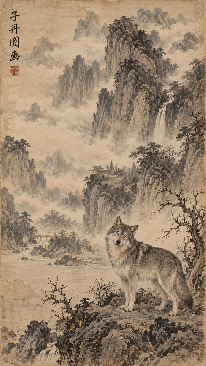 水墨山水中的憨萌灰狼