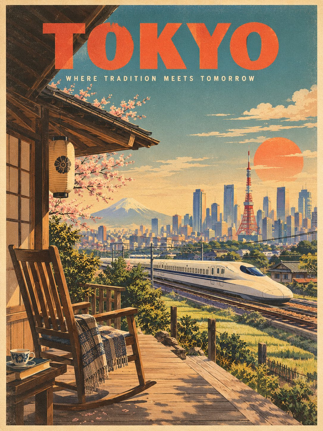 田园与电车交织的复古矢量海报 - 图 2