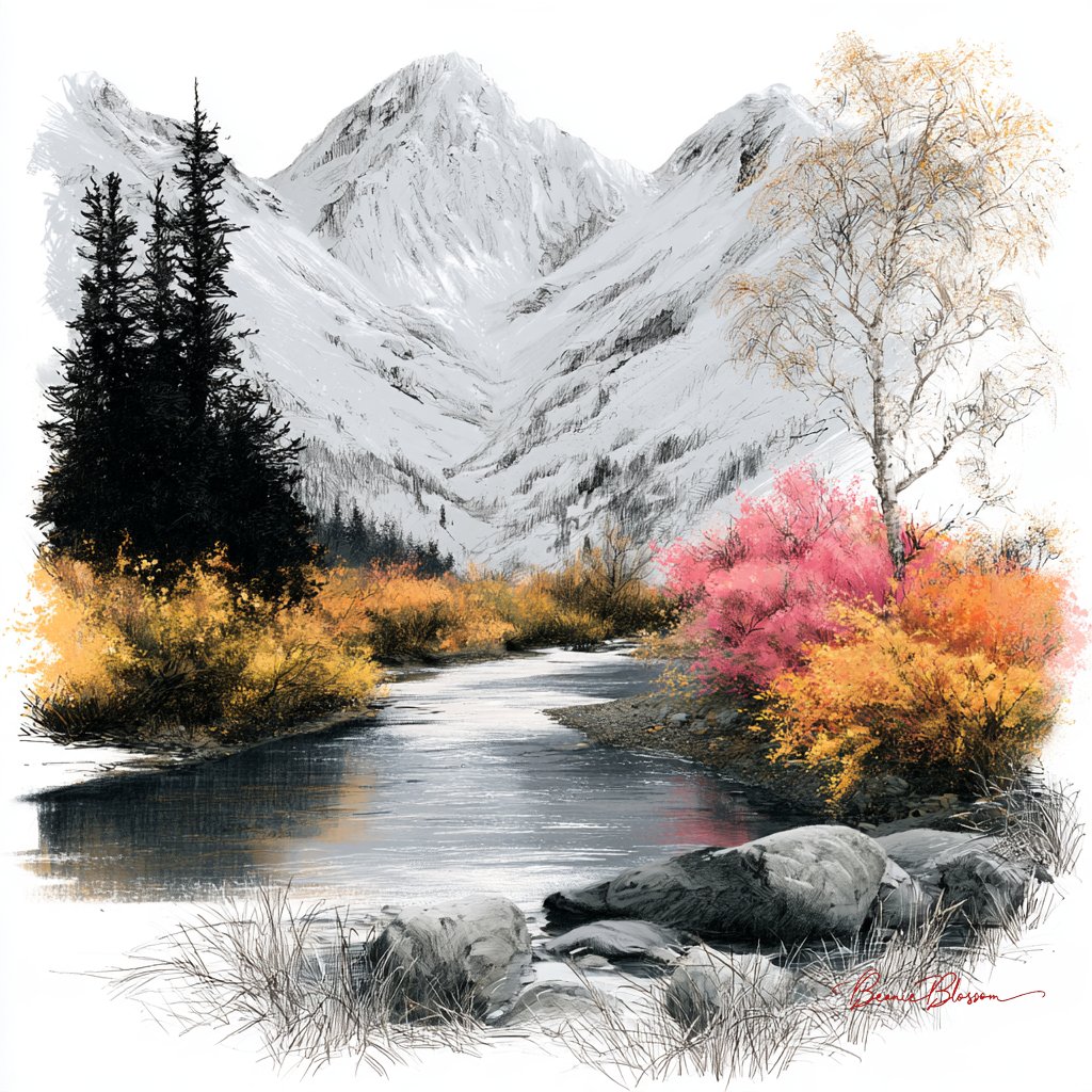 灰黑素描笔触下的雪山蜿蜒河谷