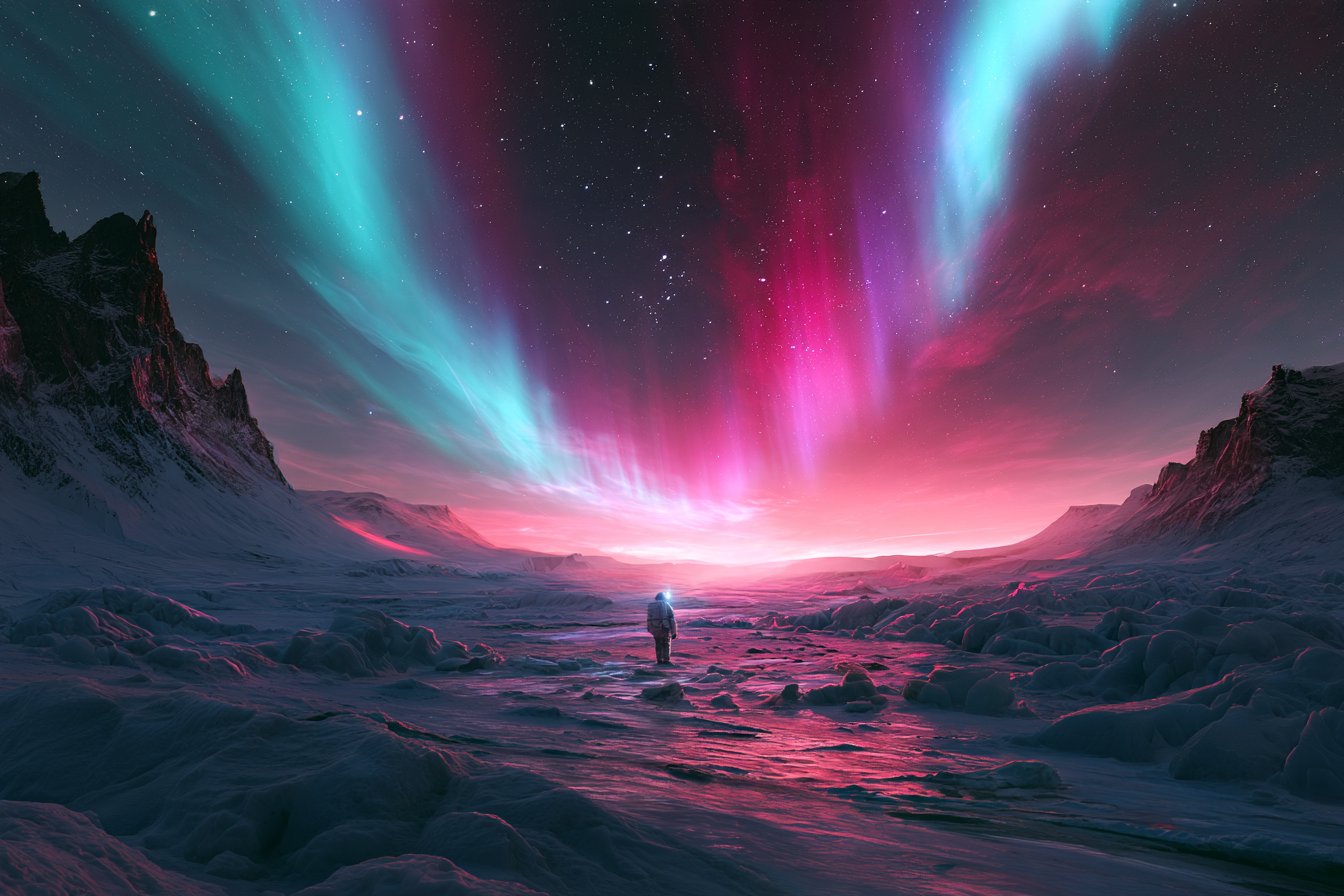 翡翠与紫罗兰极光下的雪脊孤狼 - 图 4