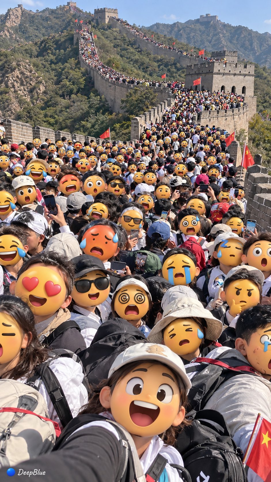 国庆长城人海浮现立体表情脸