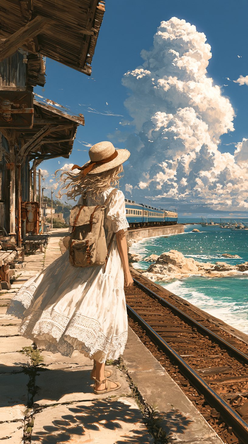 日系夏日海边老车站少女背影