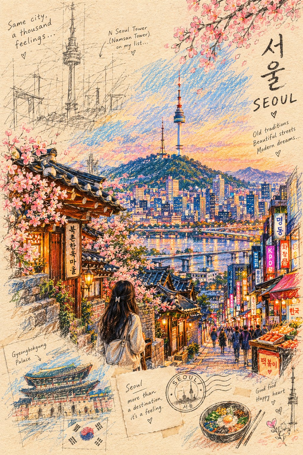 彩铅与蜡笔交织的城市地标插画 - 图 2