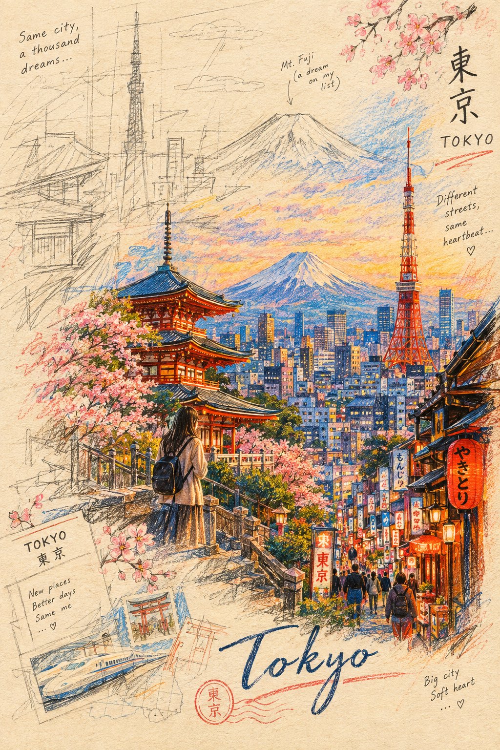 彩铅与蜡笔交织的城市地标插画