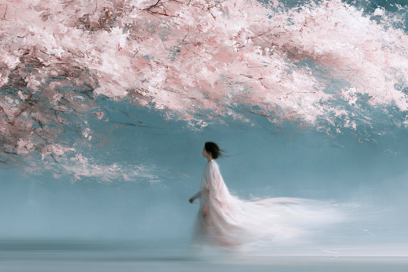 柔粉雾蓝交织的樱花雨漫步