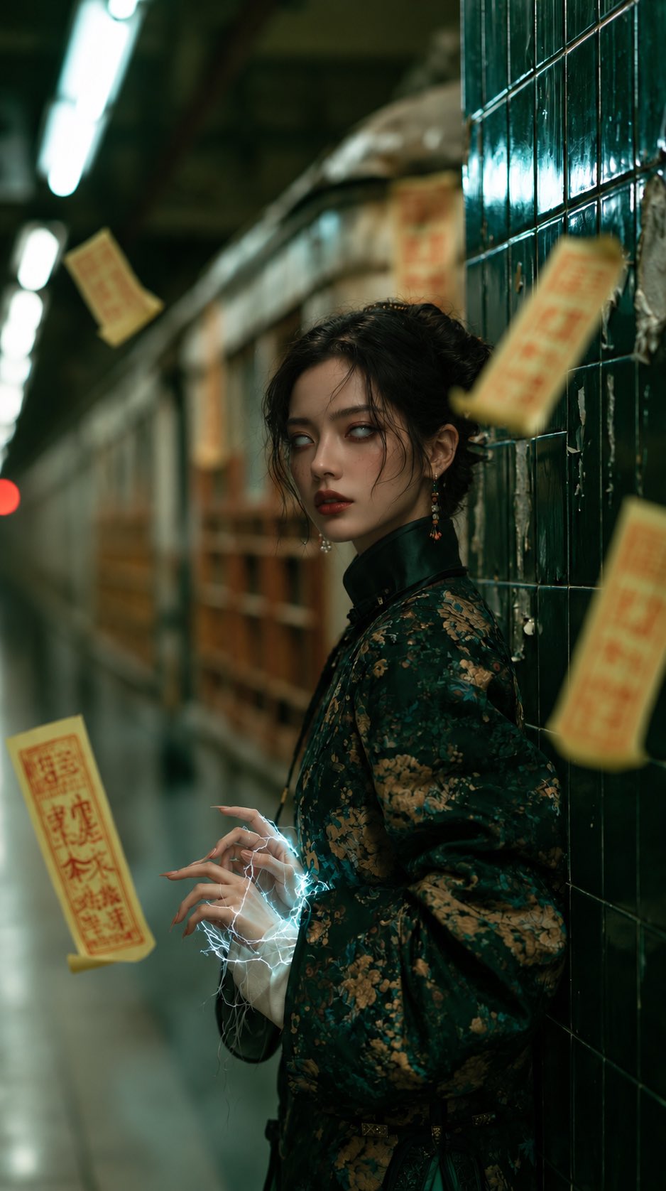 废弃地铁站中冷白光缠绕的古装少女