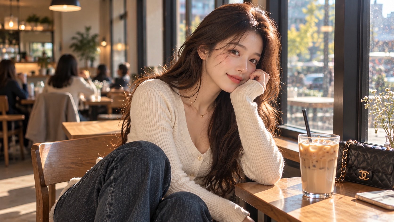 穿米色开衫的水光肌韩系微醺少女 - 图 2