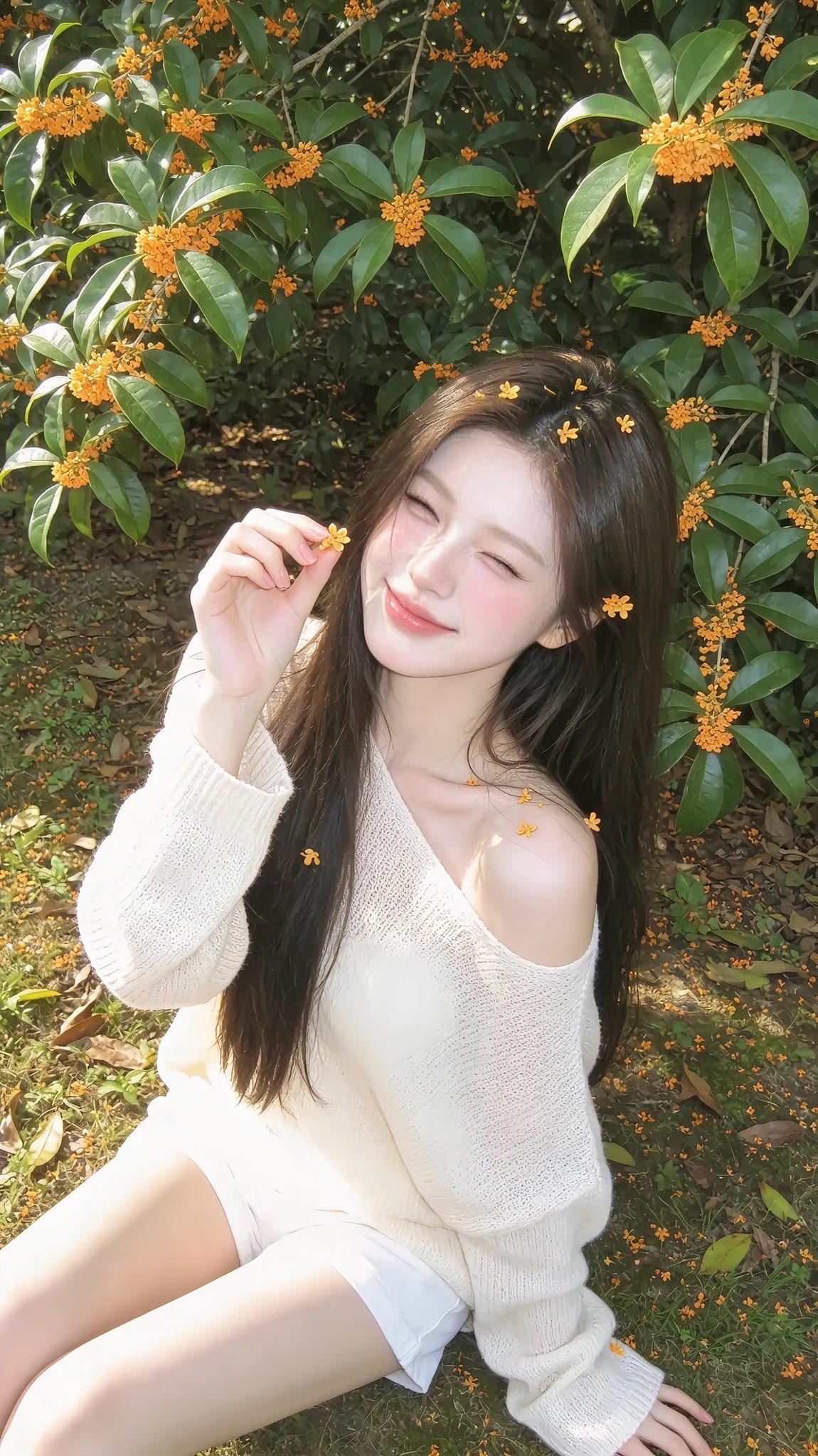 发丝与锁骨间散落金黄桂花 - 图 2