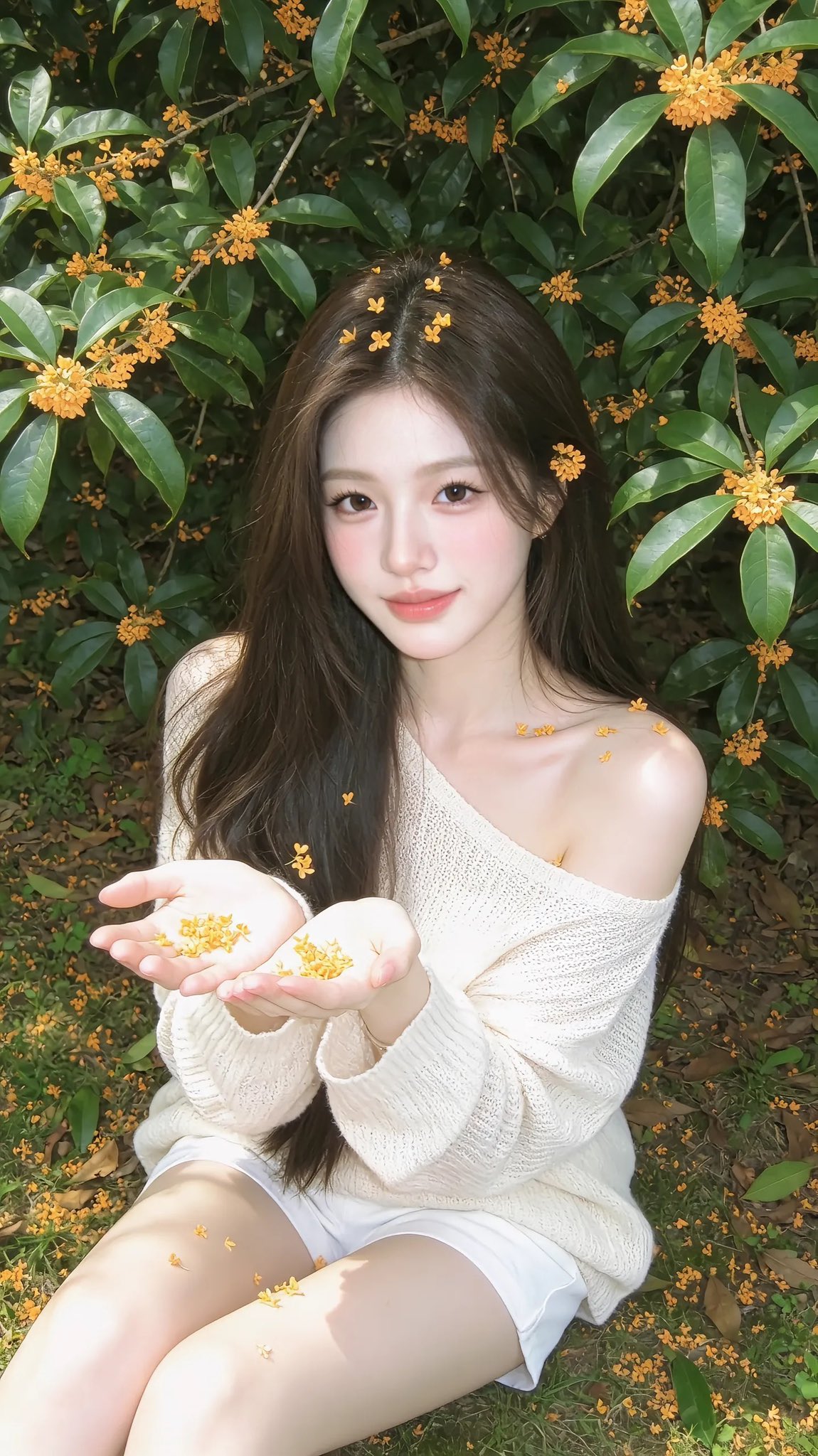 发丝与锁骨间散落金黄桂花 - 图 3