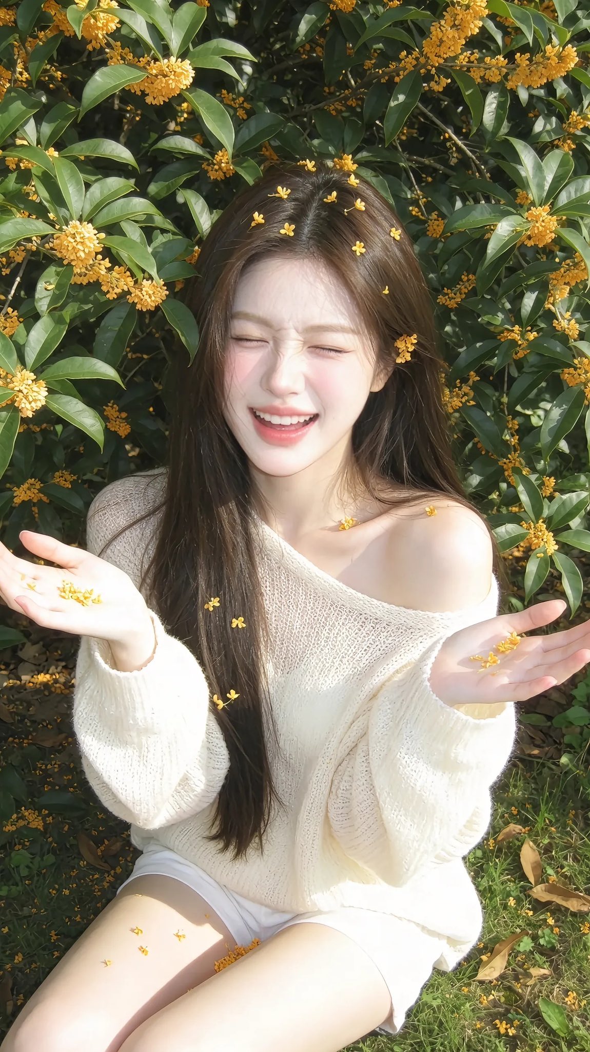 发丝与锁骨间散落金黄桂花 - 图 4