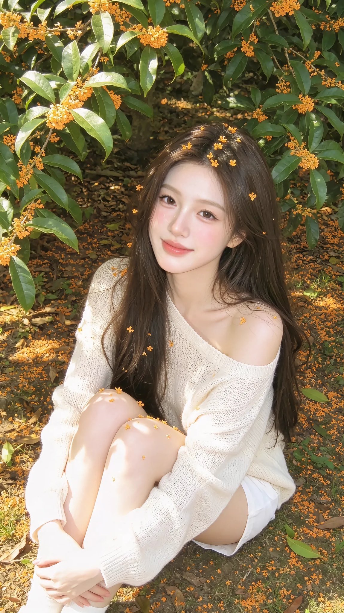 发丝与锁骨间散落金黄桂花