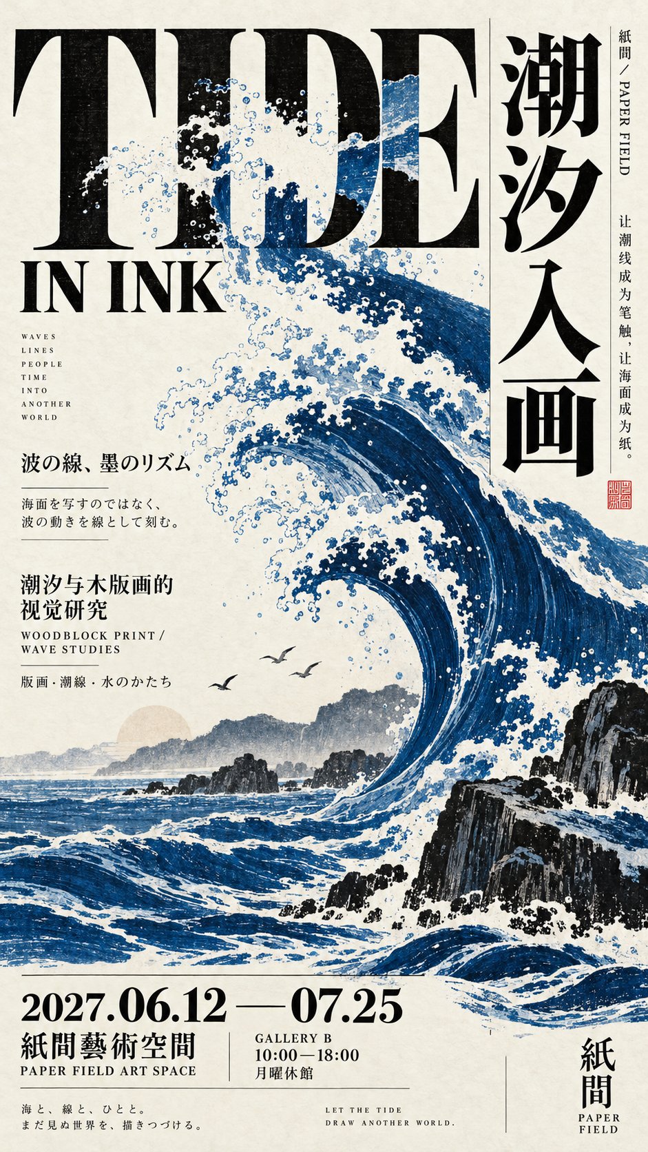 巨型汉字与仙鹤交织的日式艺术海报
