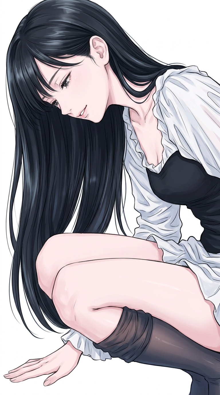 柔光中蹲伏的乌发动漫少女 - 图 2