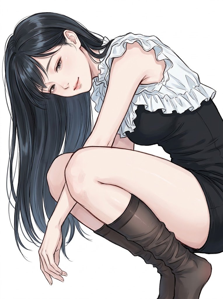 柔光中蹲伏的乌发动漫少女