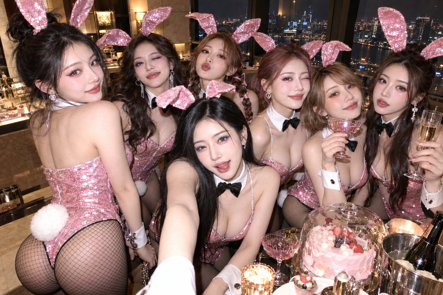 闪光灯下的高层派对七人拥挤快照