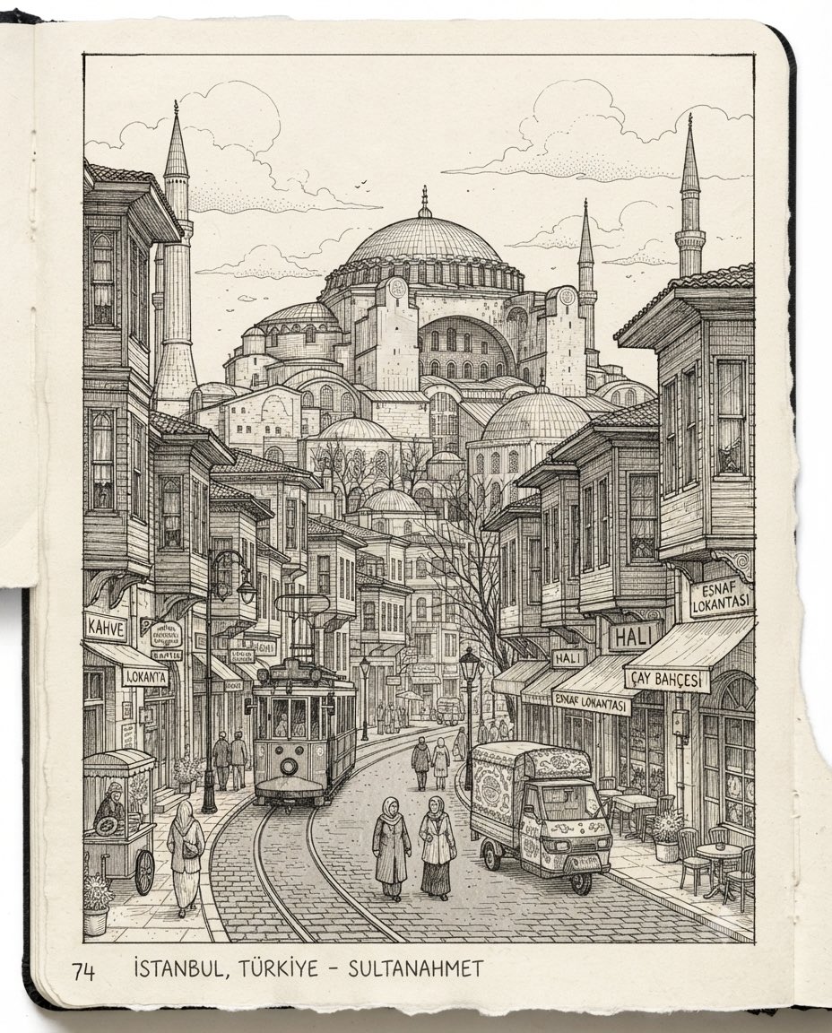 黑白线条勾勒的异国街景地标 - 图 3