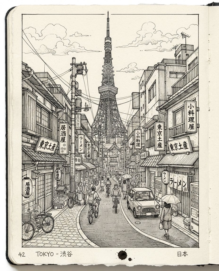黑白线条勾勒的异国街景地标 - 图 4