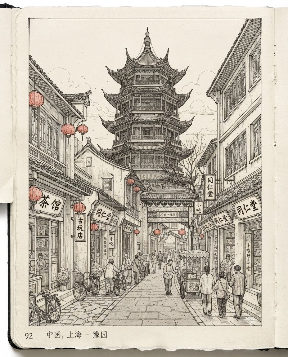 黑白线条勾勒的异国街景地标