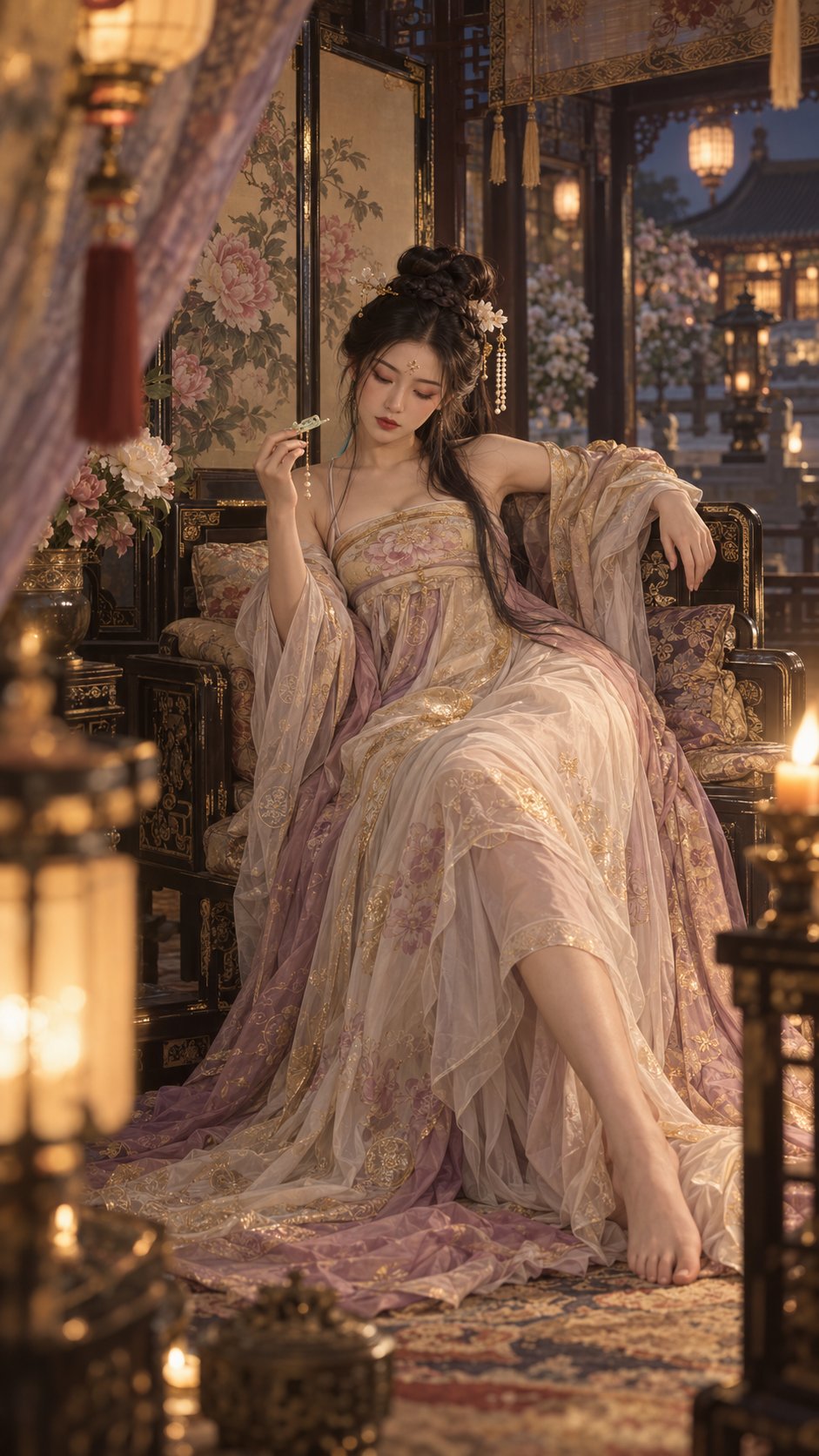 金线屏风前佩戴珍珠流苏的盛唐慵懒美人