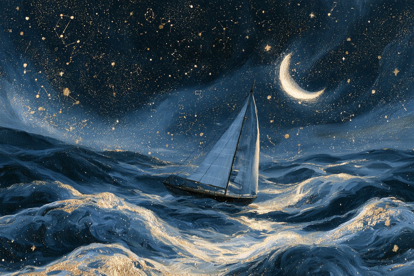 靛蓝碎金交织的梦幻星海孤舟