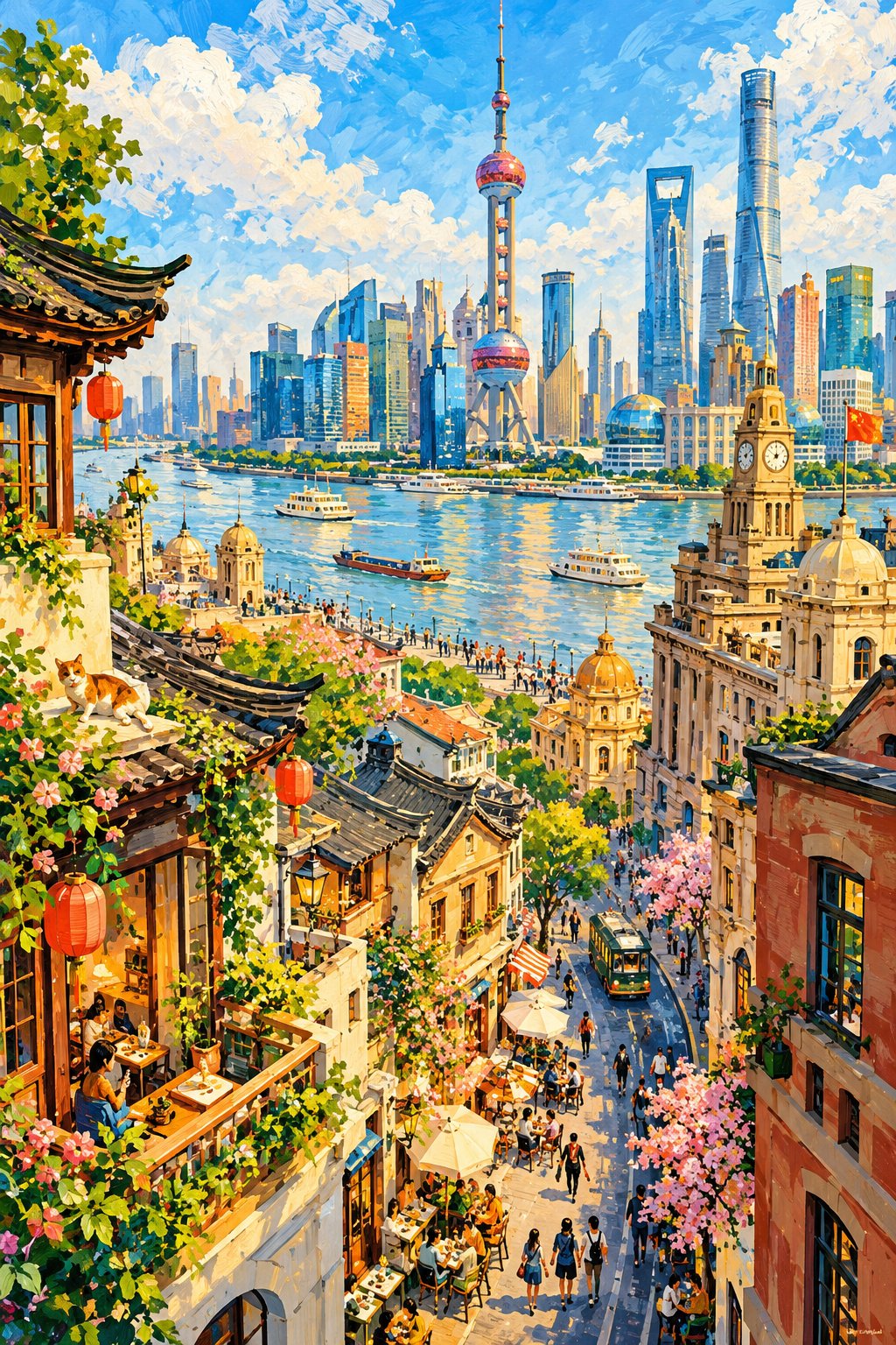 阳光水粉晕染的奇幻童话小镇