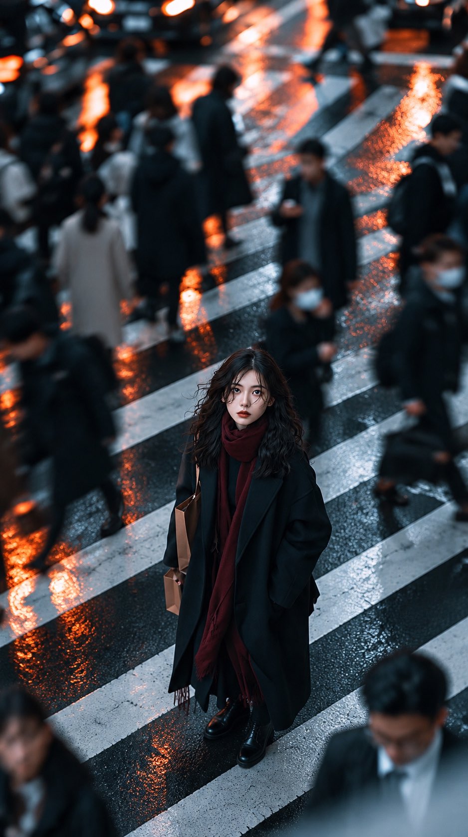 俯拍天桥上的黑大衣长发女孩