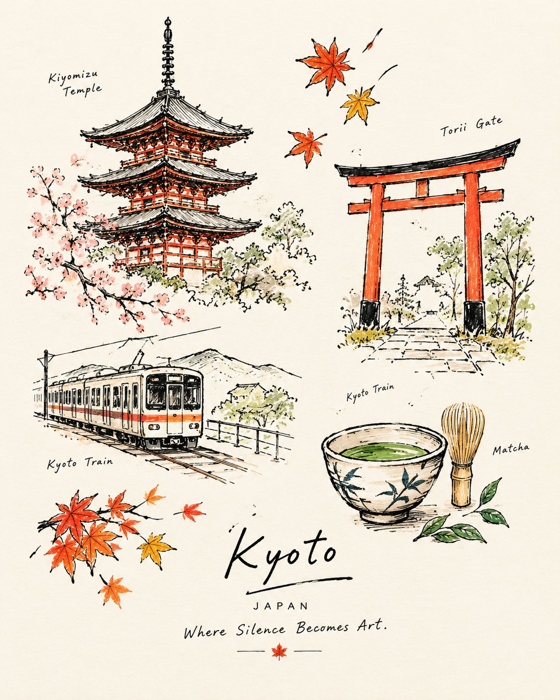 融合复古水墨的手绘旅行日记插画