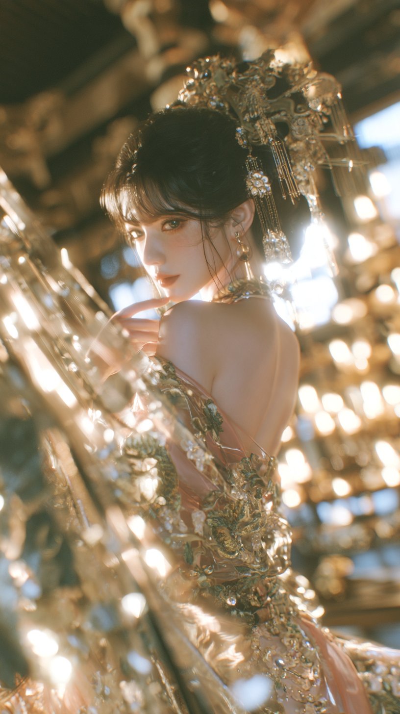 薄纱帘后回眸的唐代仕女