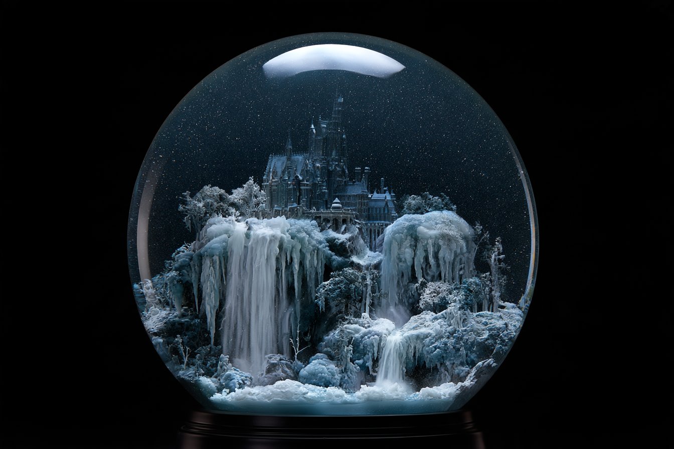 冰蓝月光下的微缩哥特城堡雪球奇境