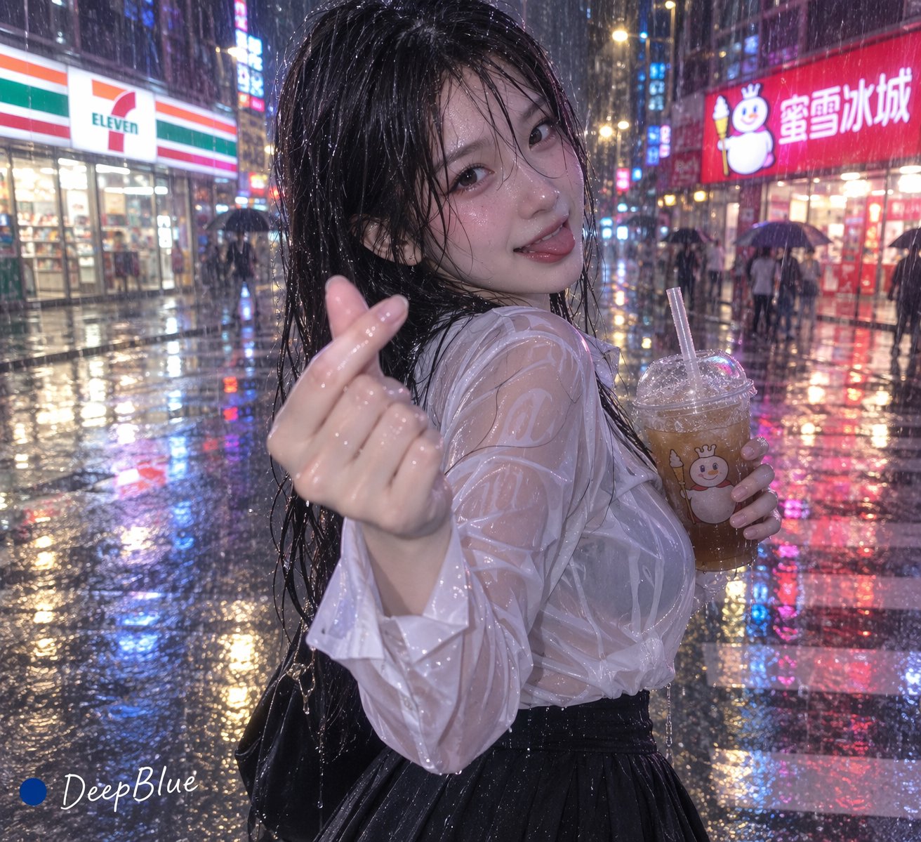 凌晨暴雨中湿发女孩回头比心的霓虹街景 - 图 2