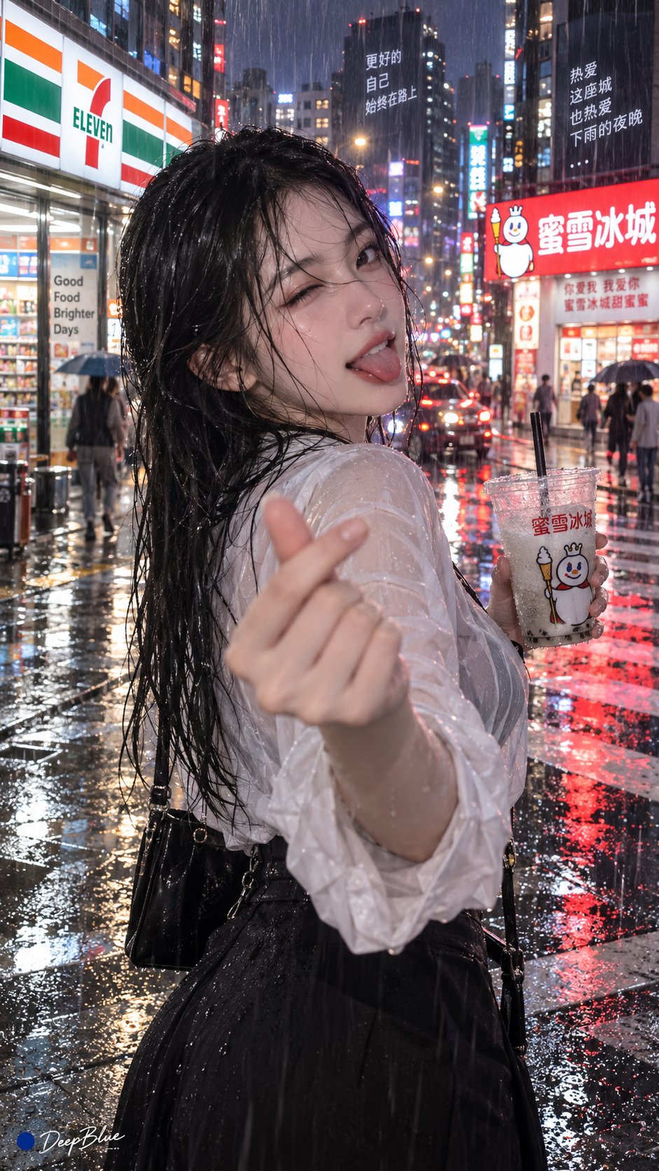 凌晨暴雨中湿发女孩回头比心的霓虹街景 - 图 3