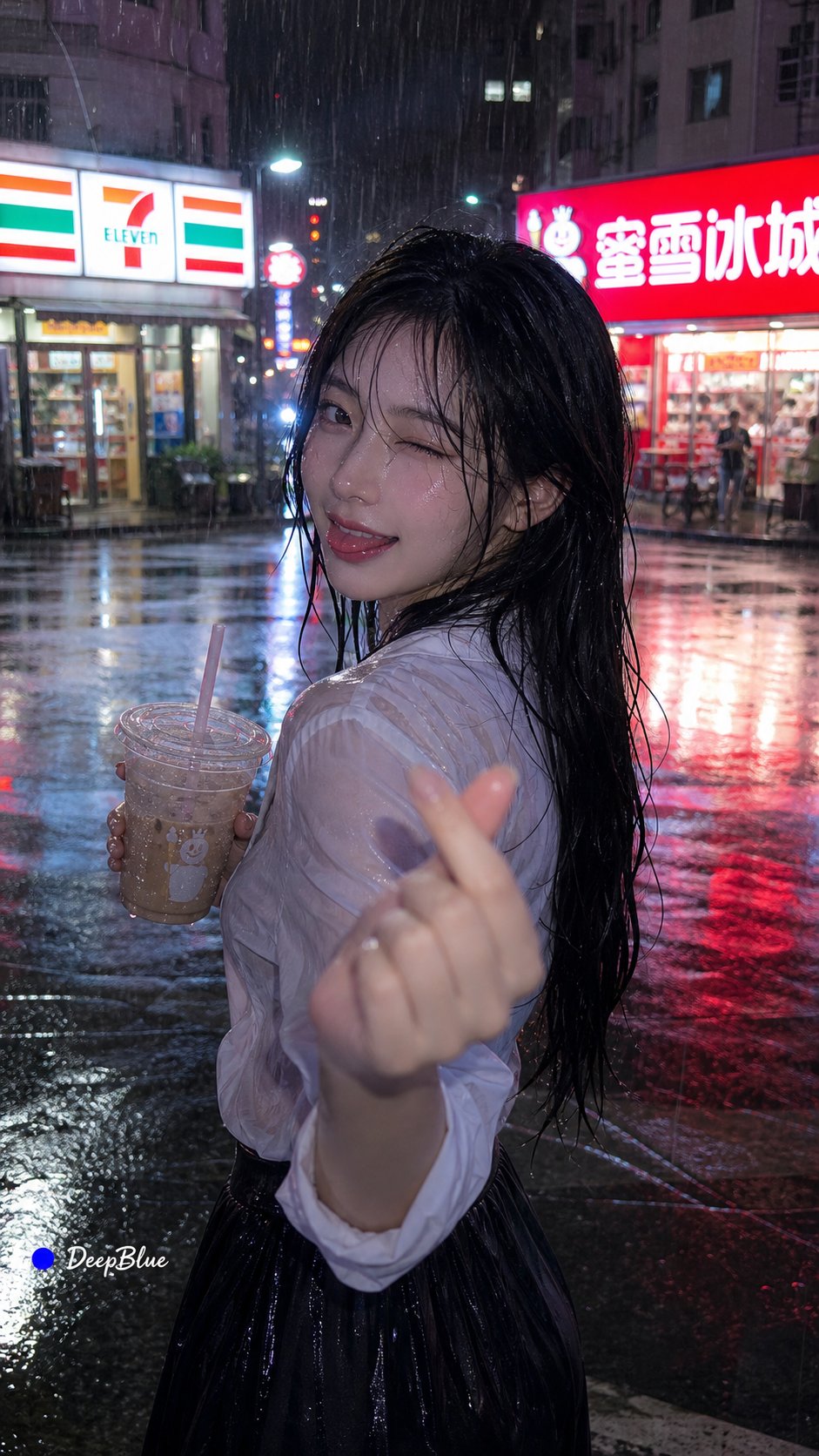 凌晨暴雨中湿发女孩回头比心的霓虹街景 - 图 4