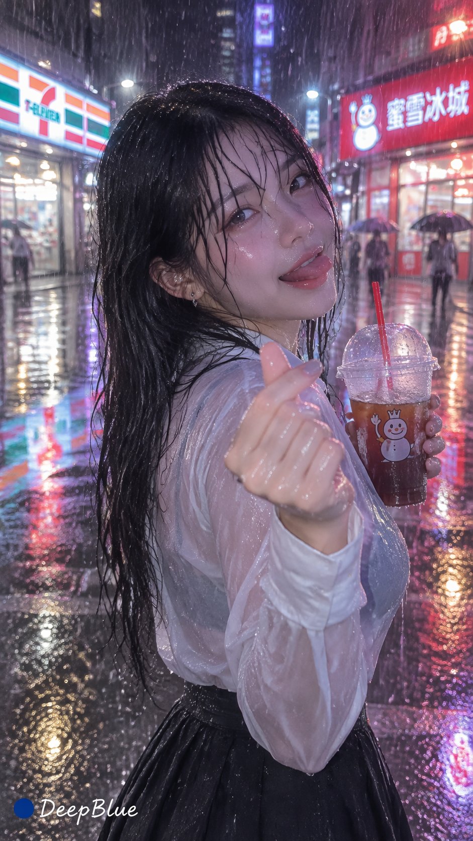 凌晨暴雨中湿发女孩回头比心的霓虹街景