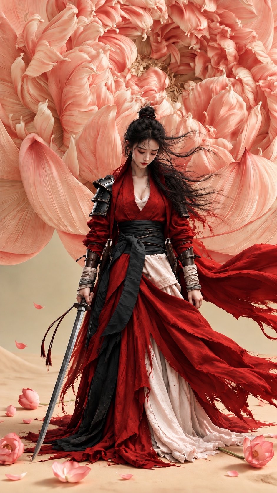巨型牡丹花下的绯红甲胄女将