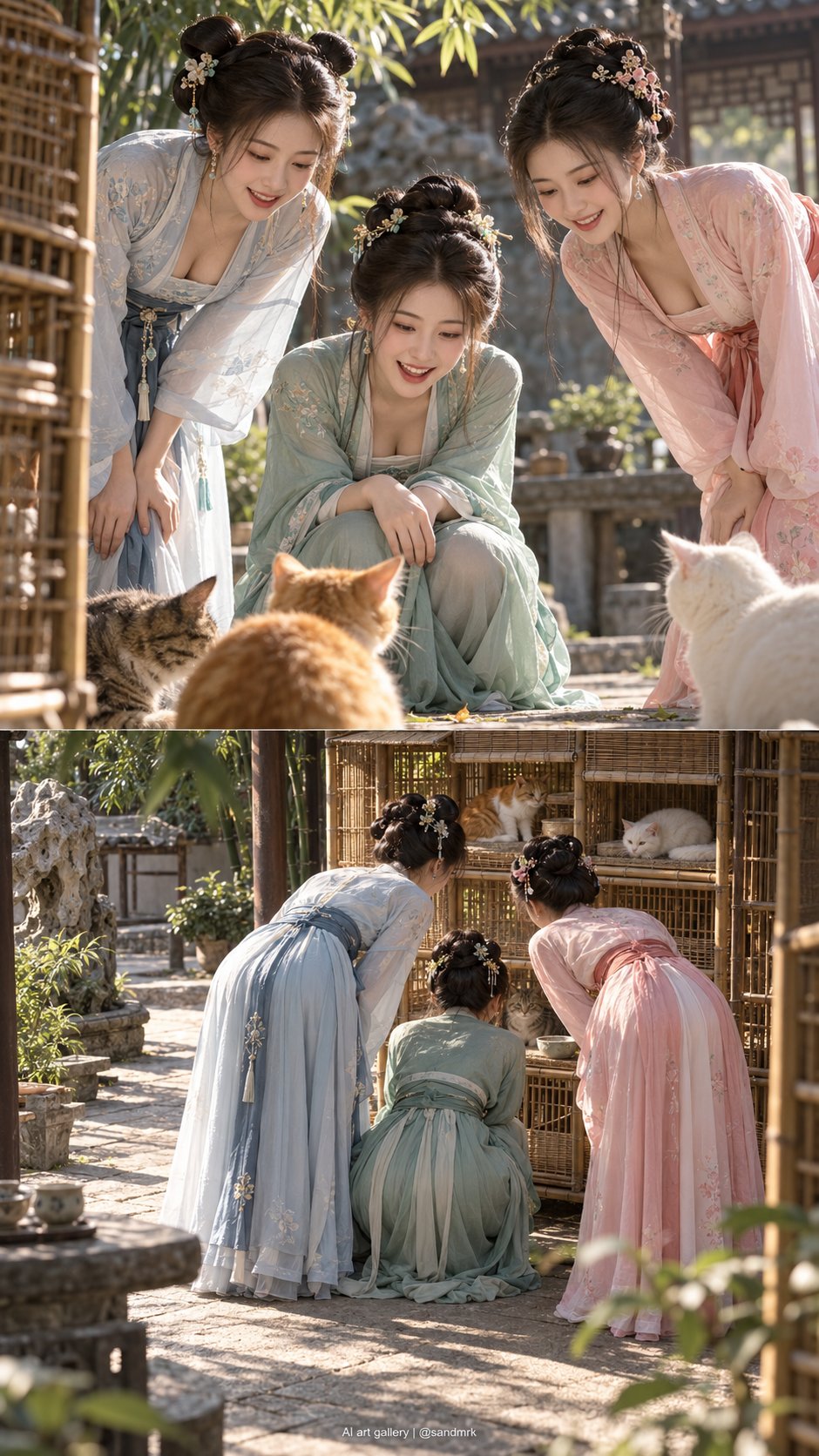 宋代仕女庭院观猫的超写实画卷