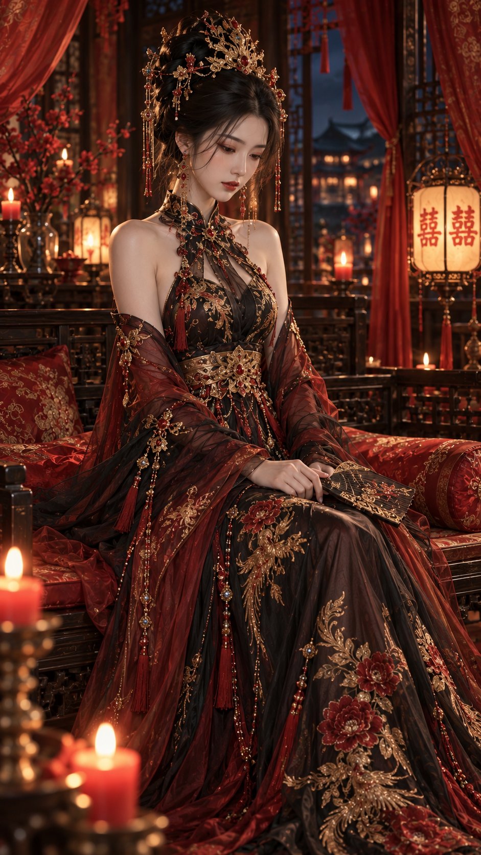 红黑婚房里戴金凤冠的回眸新娘 - 图 3