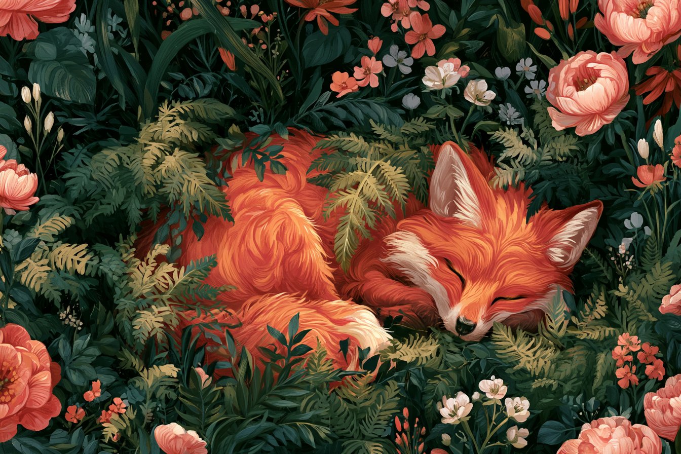 蕨叶缠绕沉睡狐狸的奇幻插画