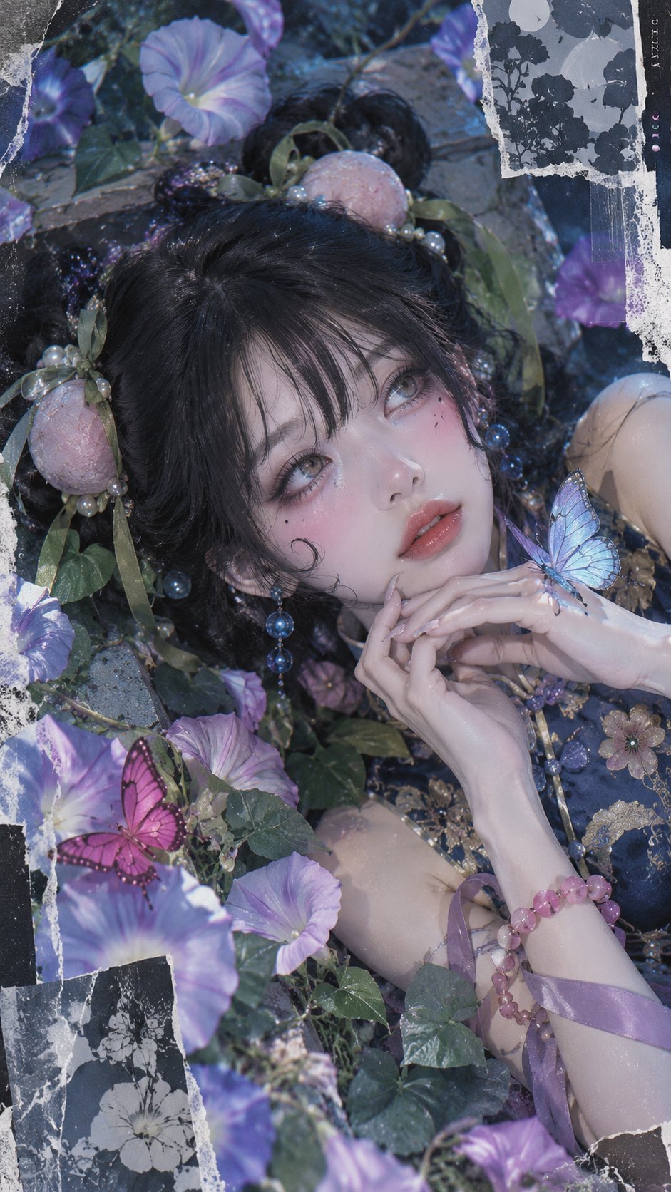 坠入白紫牵牛花丛的冰蓝眼少女